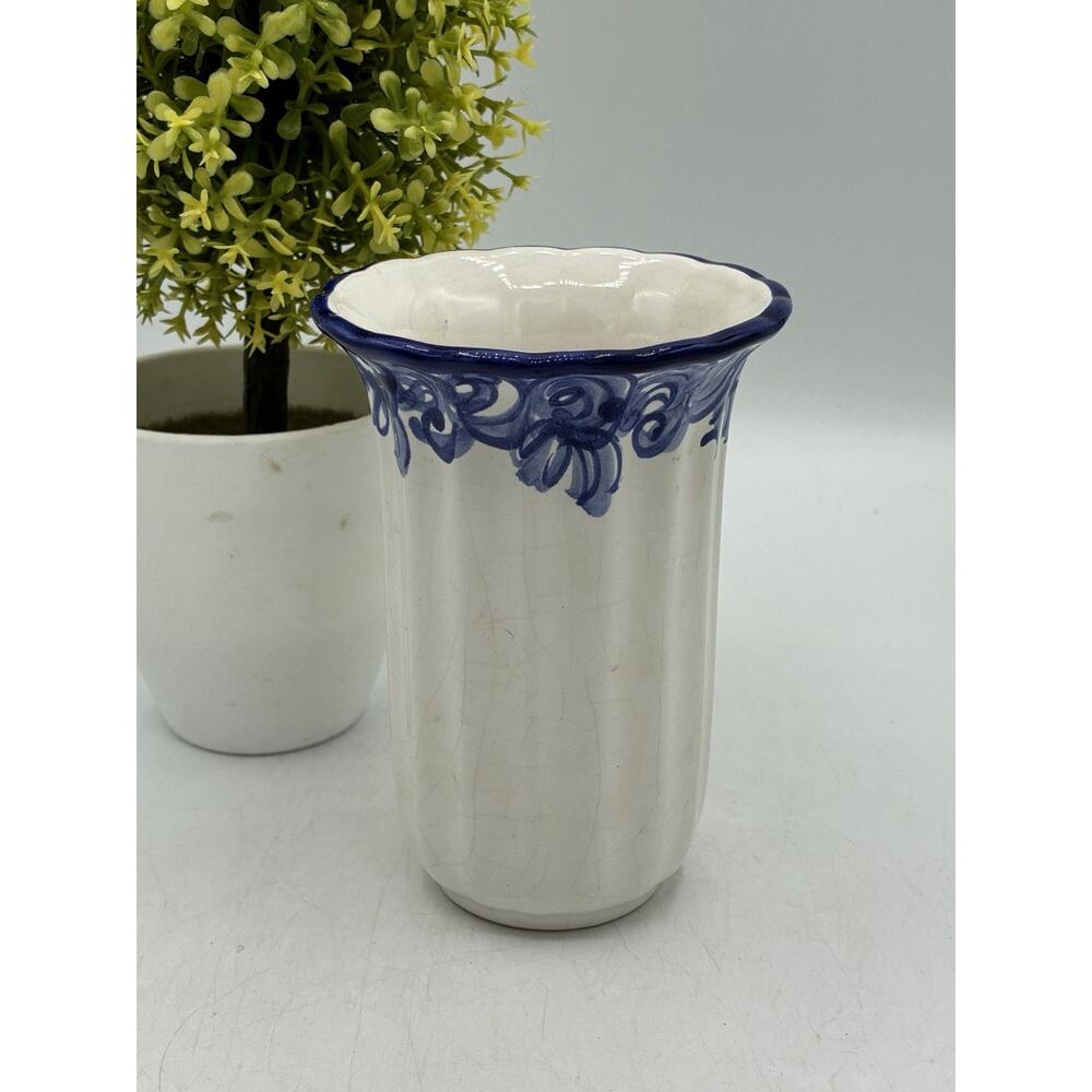 Vestal Portugal Blue White Ceramic Vase Cobalt Floral Scalloped Rim #1121
